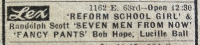 Newspaper ad from the Thursday, Nov. 28, 1963 Chicago Sun Times showing what was playing at the Lexington Theatre
