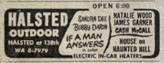 Newspaper ad from the Thursday, Nov. 28, 1963 Chicago Sun Times showing what was playing at the Halsted Twin Outdoor Theatre