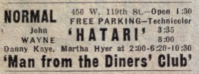 Newspaper ad from the Thursday, Nov. 28, 1963 Chicago Sun Times showing what was playing at the Normal Theatre
