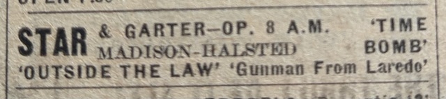 Newspaper ad from the Thursday, Nov. 28, 1963 Chicago Sun Times showing what was playing at the Star and Garter Theatre