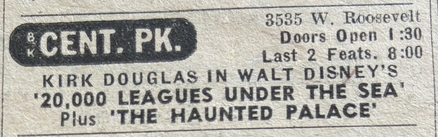 Newspaper ad from the Thursday, Nov. 28, 1963 Chicago Sun Times showing what was playing at the Central Park Theatre