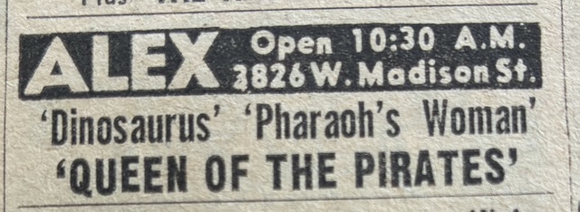 Newspaper ad from the Thursday, Nov. 28, 1963 Chicago Sun Times showing what was playing at the Alex Theatre.