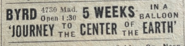 Newspaper ad from the Thursday, Nov. 28, 1963 Chicago Sun Times showing what was playing at the Byrd Theatre.