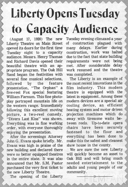 Liberty Theatre Opens, Oak Hill, Ohio - August 17, 1920
