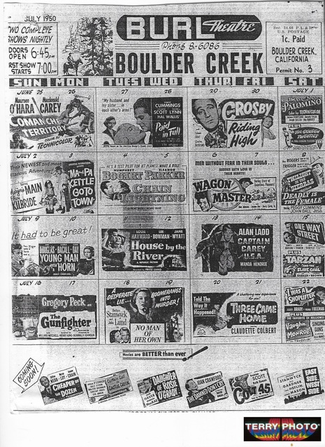 Burl Theatre Boulder Creek CA  1950 Calendar Flyer