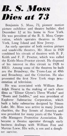 Theater Showman and More: B. S. Moss, R. I. P. (1951)