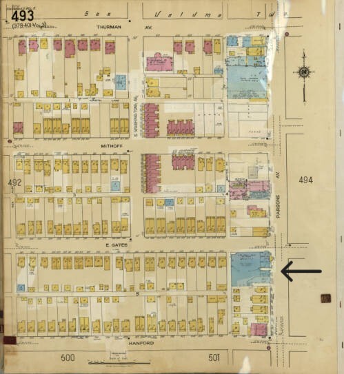 The arrow indicates the location of the demolished Parsons Theater 