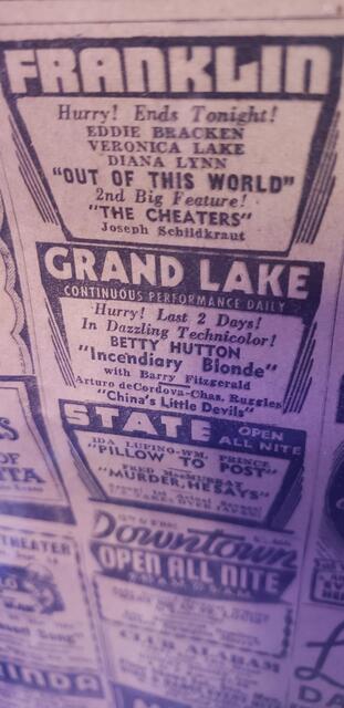 Grand Lake Theatre Oakland Ca  Newspaper 1945 Ad
