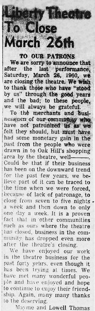 Liberty Theatre to Close - Oak Hill (OH) Press - March 26, 1960