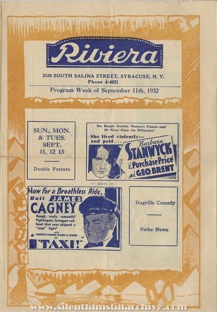Riviera Theatre program for the week of September 11, 1932