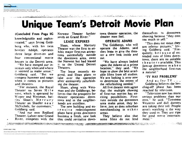 The First Detroit Theatre Outside of Downtown to Exhibit Major First-Run Films (1963)