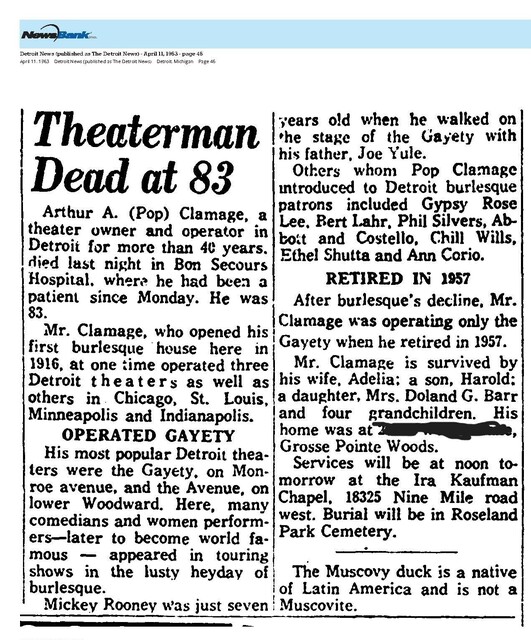 Theater Showman and More: Arthur A. (Pop) Clamage, R. I. P. (1963)