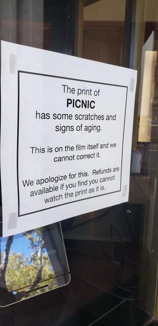 Notice In Box Office Window Stanford Theatre 'Picnic'