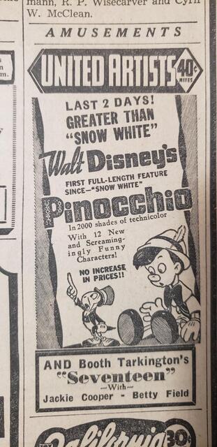 Disney's Pinocchio Plays  United Artists Theatre Berkeley 1940