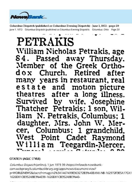 Theater Showman and More:  William Petrakis, R. I. P. (1973)
