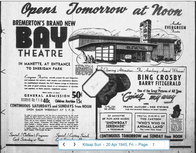 1945 April 20, Bay Theater opens tomorrow (Bremerton Sun advertisement)