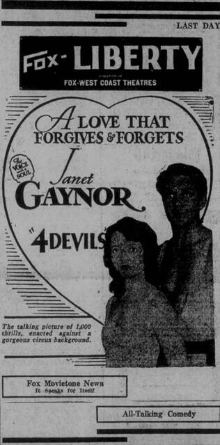 4 Devils at the Liberty Theatre, Great Falls—August 27, 1929