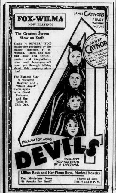 4 Devils at the Fox-Wilma Theatre, Missoula—19-21 November, 1929