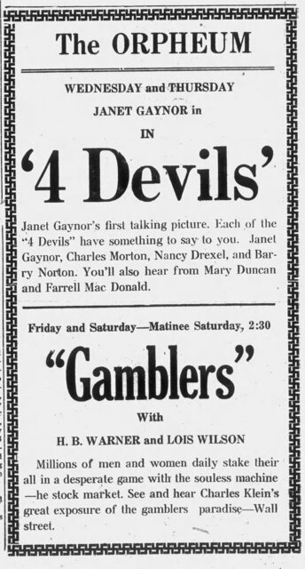 4 Devils at the Orpheum, Whitefish—19-20 March, 1930