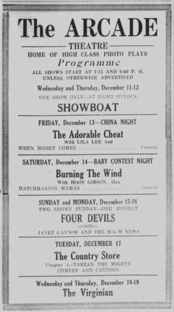 The Week Ahead at the Arcade, December 11-17, 1929