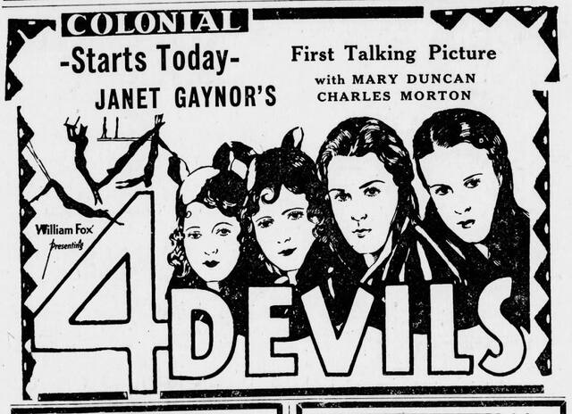 4 Devils, first run at the Colonial—1-2 November, 1929