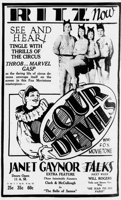 4 Devils at the Ritz in Birmingham—7 October thru 12 October, 1929