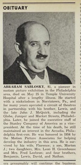 Theater Showman and More: Abraham Sablosky, R. I. P. (1959)