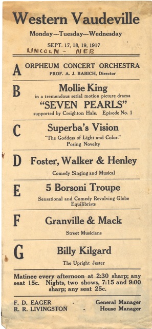 Western Vaudeville playbill for September 17, 18, 19 of 1917