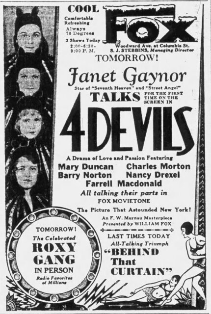4 Devils at the Fox Theatre, Detroit, Michigan—July 12-18, 1929