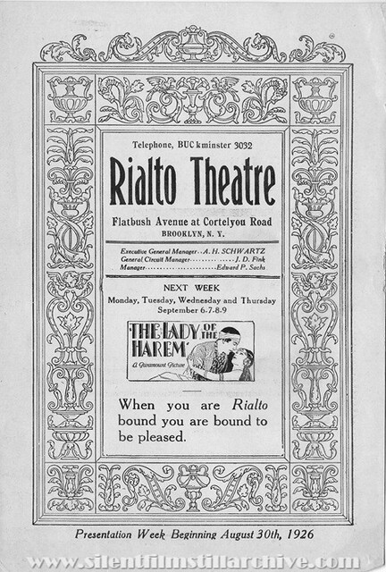 Rialto theatre program for the week of August 30th, 1926