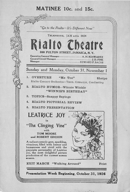 Program from the Rialto Theatre for the week of Octiber 31st, 1926 showing THE CLINGING VINE (1926)