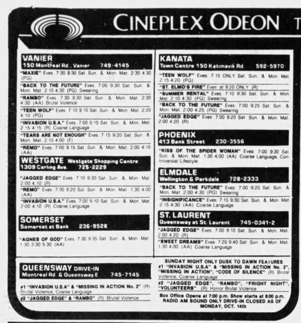 October 11, 1985 Listings