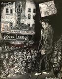 <p>This painting depicts Elvis Presley&rsquo;s very first appearance in St. Petersburg, Florida, which was at The Florida Theatre, on August 7th, 1956.</p>
            
              <p>Although none of Elvis Presley’s 143 stage shows in 1956 were the same,
              his final 83 shows that year had a lot in common.
              Starting with his afternoon show in St. Paul, Minnesota, on May 13,
              and ending with his year-end performance in Shreveport, Louisiana,
              he toured under the banner of “The Elvis Presley Show.”
              The Colonel Parker designed and promoted format included an hour-long variety show, followed by an intermission leading up to Presley’s 25 to 30 minute appearance.
              No other “name” performer appeared on the bill, and Elvis sang a standard playlist
              that usually began with “Heartbreak Hotel” and always ended with “Hound Dog.”</p>
            
              <p>While Elvis performed his standard show over and over in dozens of arenas in 1956, thousands and thousands of fanatic and curious people in each city
              were seeing him live for the first time.
              Those audiences gave a unique character to each of Presley’s 1956 stage shows.
              The unpredictable crowd behavior and each spectator’s personal experience
              made every Elvis stage show a one-of a-kind event.</p>
            
              <p>The following is a profile of one of those crowds.
              Over 6,500 tickets were sold for Presley’s three shows in
              St. Petersburg, Florida, on Tuesday, August 7, 1956.</p>
            
              <p>The following account is a composite of accounts published in the
              St. Petersburg Times about the audiences for the 3:30, 7,
              and 9 p.m. Presley shows that day.</p>
            
              <p>Clare Carter and Donna Bemis were first in line at 4:15 in the morning,
              over 11 hours before the 3:30 p.m. opening show.
              All the $1.25 advance tickets were general admission,
              so the best seats would go to those at the front of the line when the doors
              of the Florida Theatre opened.
              Clare and Donna, armed with soft drinks, newspapers, and an Elvis fan book,
              laid claim to the first spot at the corner of First Avenue South and Fifth Street.</p>
            
              <p>At 4:45 a.m., they were joined in line by Elvis fans Anne Muncy and Nila Shea.
              The two blondes were disappointed to see Clare and Donna ahead of them.
              “We were the first in line to see him in Tampa and Lakeland,” one explained,
              “but this time we missed out.”
              Among others claiming spots near the front of the line were Glenda O’Brien
              and Donna Wyman, who arrived at 5:30, and Nancy Harper,
              Lin Peters, and Joy Cliett, who settled on the pavement at 6:10.
              By 9 o’clock those headed for work in the downtown area noticed
              a sizeable line of people snaking down the sidewalk away from the theatre.
              Made up mostly of teenage girls, the crowd seemed at its peak
              when a downpour hit at 11:50.
              The heavy rain started the line surging toward a small awning along the sidewalk.
              Most got drenched in the half hour shower, but none gave up their places in line.
              Times columnist Archie Dunlap noticed how the estimated crowd of 2,000,
              mostly girls and a few boys, stood its ground before the hard rain.
              “There must be something about Presley to have such a violent effect on teenagers,”
              he thought.</p>
            
              <p>• An orderly queue … until the doors opened
              Uniformed police officers kept watch over the waiting crowd, especially where it lined an alley where Elvis’s car was expected to arrive. The crowd remained orderly through the morning, but as entry time approached, excitement started to build. Chants of “We Want Elvis” began, and police reserves were called in when retraining ropes gave way under the pressure of the compacting crowd. Later in the day, police intercepted 14 teenagers trying to climb a fire escape to reach Presley’s dressing room.
              (One elderly woman back in line appeared ill and was allowed in early so that she could sit down. She chose a front row center seat, from where she could be seen cheering wildly when Elvis appeared.)
              The doors opened early due to the rain, and the crowd stampeded in, shoving and pushing to reach the seats closest to the stage. Police Captain “Robbie” Robinson took the rush in stride. “It was just like any bunch of kids all trying to get into the same place at the same time,” he observed.
              After the 2,500 seats in the theatre were filled, recordings of Presley’s hit records were played over the theatre’s sound system to sooth the excited nerves of his fans. Only occasionally did they clap or yell “We Want Elvis.” Any slight motion or sound from backstage brought shrieks of anticipation from the audience.</p>
            
              <p>• Some adults in the crowd
              A visual sweep of the audience prior to the opening acts revealed an unexpected number of adults scattered among the sea of teenagers. “I brought my 17-year-old niece,” explained Mrs. Frank Dickie. “She didn’t want to come by herself. She’s visiting here from Michigan.” Mrs. George Saunder and Mrs. M.A. Stewart professed to be there strictly out of “curiosity.” A couple of other adults came clean. “I’m getting a kick out of all this, too,” admitted Tex Bobbitt, who came with his son. Mrs. Frank P. Caldwell Jr. confessed, “I’m thrilled to be here simply because he’s famous.”</p>
            
              <p>Another adult set a bad example for the impressionable teenagers there. A mother and her teenage daughter had taken seats in a row close to the stage. Before the show started, the daughter went out to the refreshment stand to get something to eat. While she was gone, a gray-haired woman forced her way into the girl’s seat, even after being told the seat was taken. When the girl returned, the woman wouldn’t budge. An usher summoned by the mother failed in his efforts to get the bandit out of the stolen seat. Then a policeman came and spoke with the woman. When she still refused to leave, the officer moved away, unwilling to create a scene.</p>
            
              <p>• “Kill the Square!”
              Before the live opening acts started, a short, musical film featuring bandleader Louis Prima played on the theatre’s move screen. It drew some jeers of “kill the square” from the audience. The crowd settled down and sat patiently, even applauding politely, for the singers and comic-magician who then paraded across the stage. Last before intermission, the Jordanaires received the most applause among the opening acts.
              While the audience in the theatre endured the long stream of performers, a 20-year-old female reporter for the Times made her way backstage to interview Presley. After admitting her to his dressing room and answering all her questions, Elvis kissed her and showed her to the door. She didn’t realize that an open dressing room window gave her fellow reporters a full view of what happened from the newspaper building across the street. When she got back to the office, the city editor suggested she write a story on her impressions of kissing Presley.” She blushed … then responded, “I’d better not.”</p>
            
              <p>• Hands outstretched in worship
              When the sleeve of a kelly green sport coat through the curtains signaled Elvis’s arrival, the entire audience rose to its feet with the girls screaming en masse. While the girls tore at their hair, the boys looked about in awe. Those who had waited from early morning for the “privilege of leaning across the rail at Elvis’ feet” were engulfed by a wave of others rushing up from behind. “All hands were outstretched as though in worship of a pagan god,” observed 17-year-old Times writer Sally Simmons. She was then knocked in the head by cluster of girls tumbling backwards and yelling, “take it off, Elvis, take it off!”</p>
            
              <p>Microphone problems on stage rendered Elvis silent for a while, but the uproar from the audience continued. Just seeing Elvis was enough for them.
              City police officers, both in uniform and plain clothes, were tasked with controlling the crowd and keeping Elvis from being swarmed over by fans. “I can’t stand it, I can’t stand it,” a 15-year-old girl yelled at Patrolman Jim Krupp. “I can’t stand it either,” he responded. Firemen treated six girls for “heat prostration and fainting spells.” Fire Marshal John Gidley declared, “I hope we never have anything like this again.”
              After about a dozen songs, Elvis made his usual quick exit, but it took some time for the pandemonium inside and outside the theater to subside. Police were kept busy calming down hysterical girls running from the theater. When a teenage girl begged Patrolman Jim Liddle to let her go backstage to get Elvis’s autograph, he gave her the one he had gotten earlier for his sister.
              Late on the evening of August 7, 1956, the Florida Theatre was empty and locked up. The crying and moaning sounds had faded from the surrounding downtown streets of St. Petersburg. A throng of 6,500 had taken home memories of having seen Elvis Presley on stage. Many of them would have a chance to rekindle those memories 20 years later, when a much different Elvis Presley returned to St. Petersburg for another show
              on September 3, 1976. — Alan Hanson | © August 2015</p>
              
