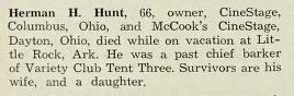 Theater Showman and More: Herman J Hunt, R. I. P. (1965)