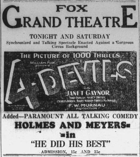 4 Devils at the Fox Grand Theatre, Du Quoin—6-7 December, 1929