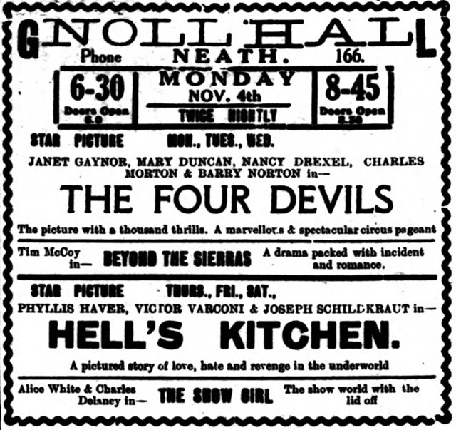 4 Devils at the Neath Gnoll Hall, 4-6 November, 1929