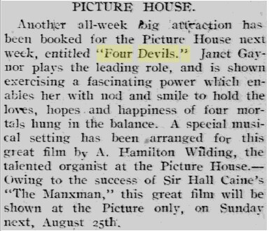 4 Devils at the Picture House in Douglas, 25-31 August, 1929