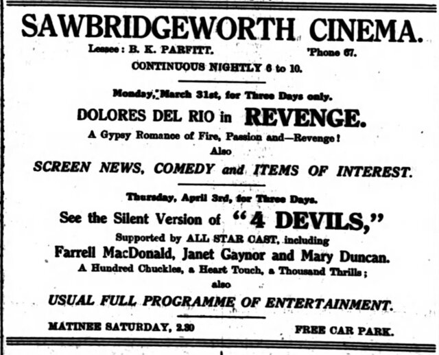 4 Devils at the Sawbridgeworth Cinema, 3-5 April, 1930. 