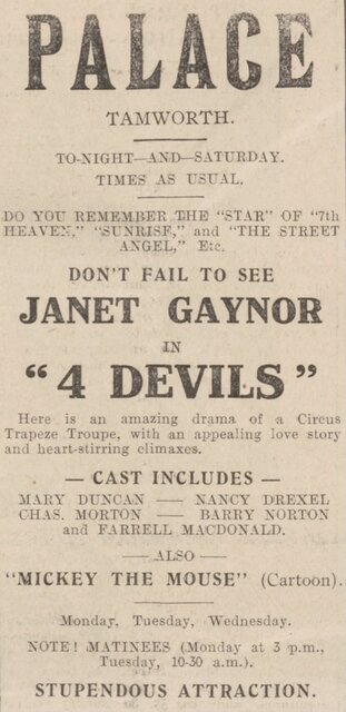 Don't Fail to See Janet Gaynor in 4 Devils... at the Palace in Tamworth, 9-11 January, 1930