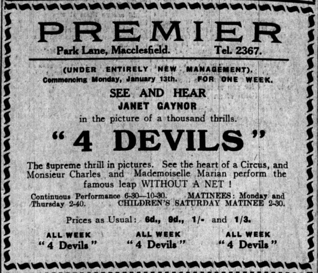 4 Devils at the Premier 13-15 January, 1930, Macclesfield