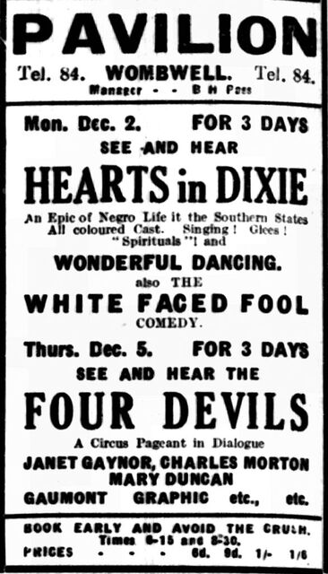 4 Devils at the Pavilion, Wombwell, 2-4 December, 1929