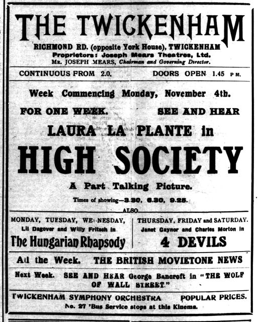 4 Devils at the Twickenham Kinema, 7-9 Nov, 1929