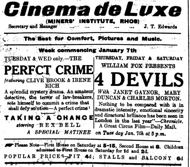 4 Devils at the Cinema de Luxe, 9-11 January, 1930