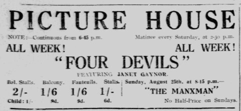 4 Devils at the Douglas Picture House, 25 August—14 September, 1929
