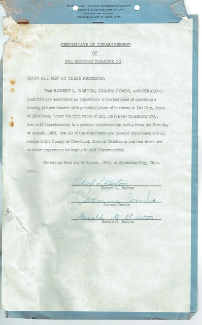 Articles of incorporation as the Del Drive-in