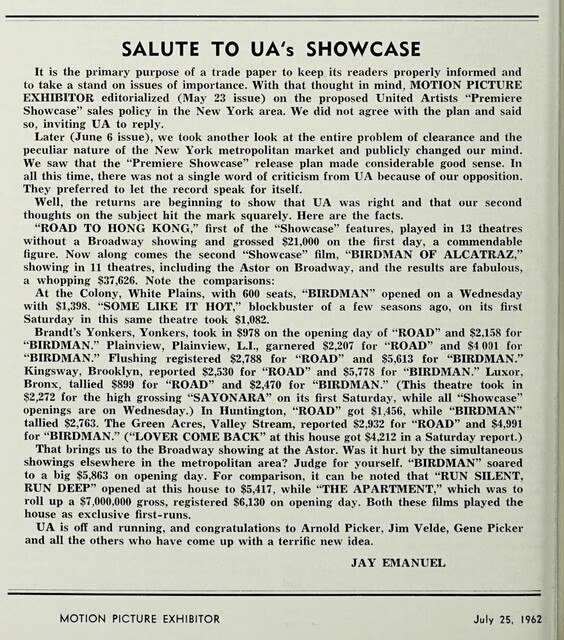 United Artists' Premiere Showcase Release Plan (1962)