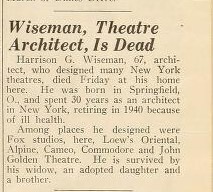 Theatre Architect:  Harrison G. Wiseman, R.I.P. (1945)