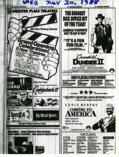 opening day ad for Webster Place Theatres, July 20, 1988